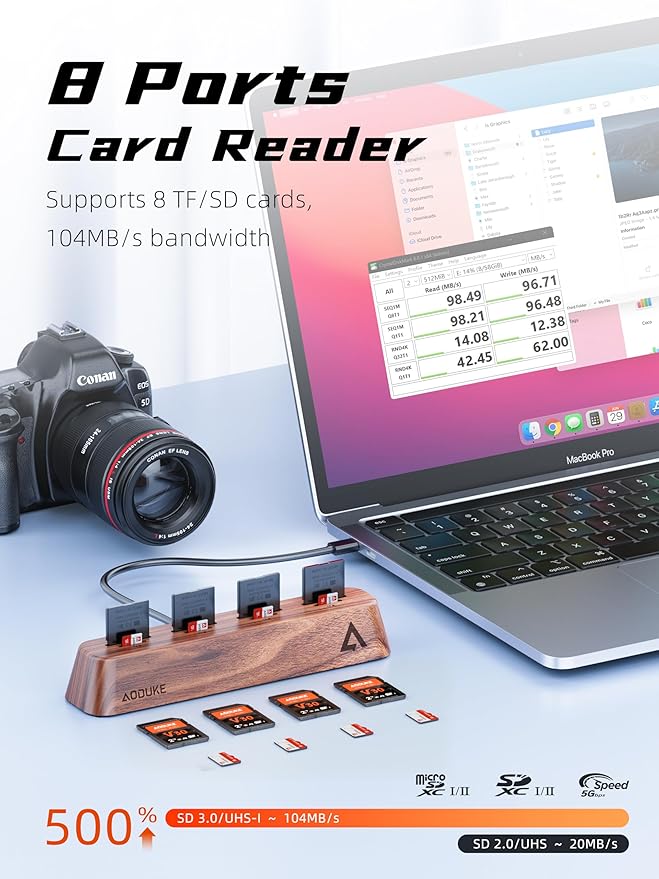 8-Port USB 3.0 SD Card Reader, Walnut Wood Design 5Gbps Data, Simultaneous - Image 2