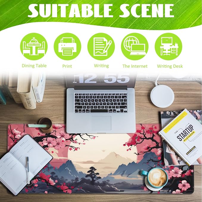 Pink Cherry Blossom Tree Desk Pad, Mountains and Sun Large Gaming Mouse Mat - Image 3
