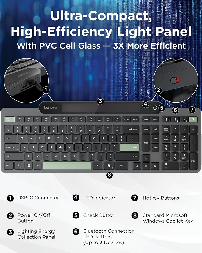 Lenovo 800 Self-Charging Bluetooth Keyboard, Uses Ambient Light - Image 5
