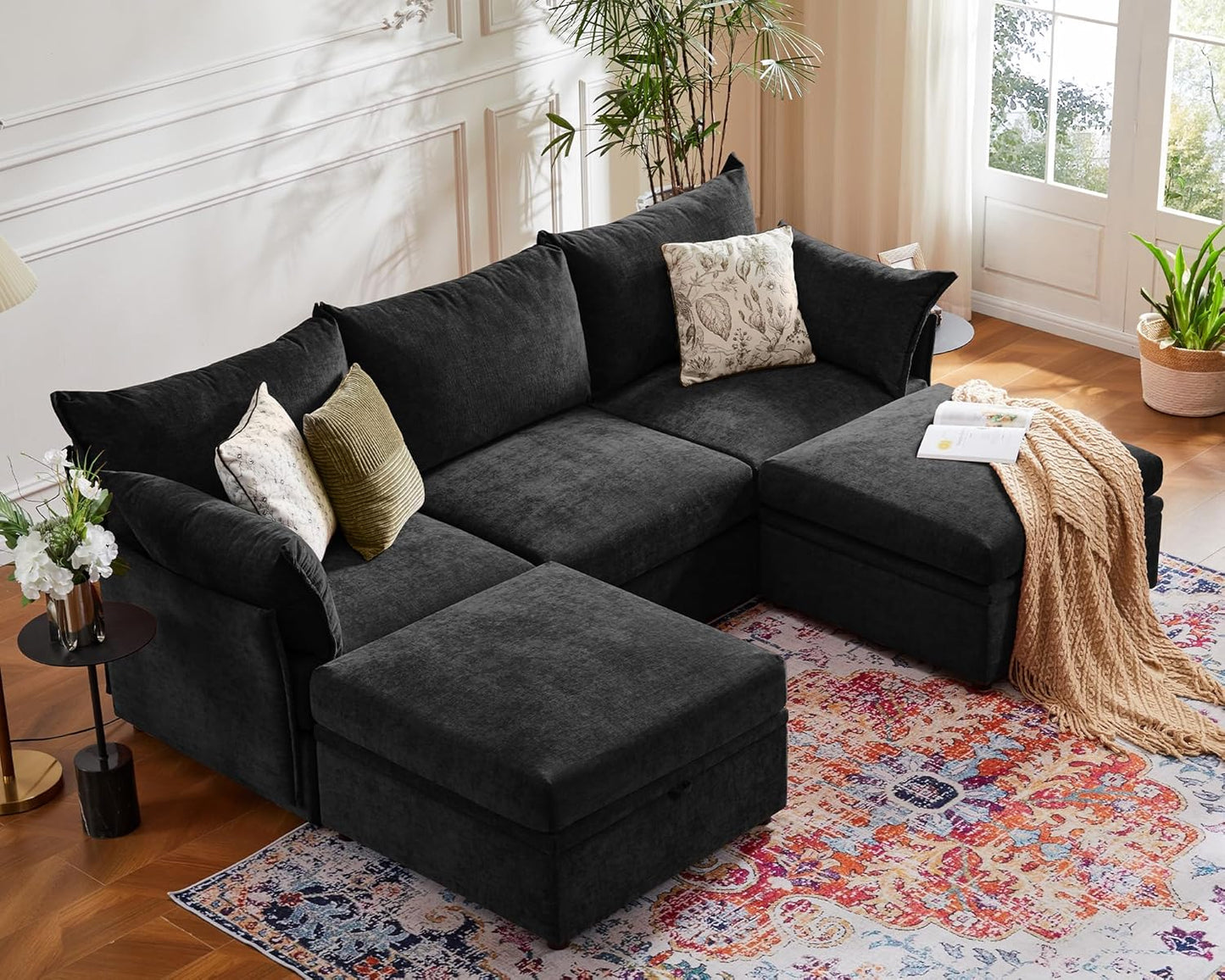 102.6" U Shaped Modular Sectional Sofa, 5 Seater Couch with Storage Ottoman Deep Seat and High Backrest with Removable Cover for Living Room, Apartment - Chenille Black