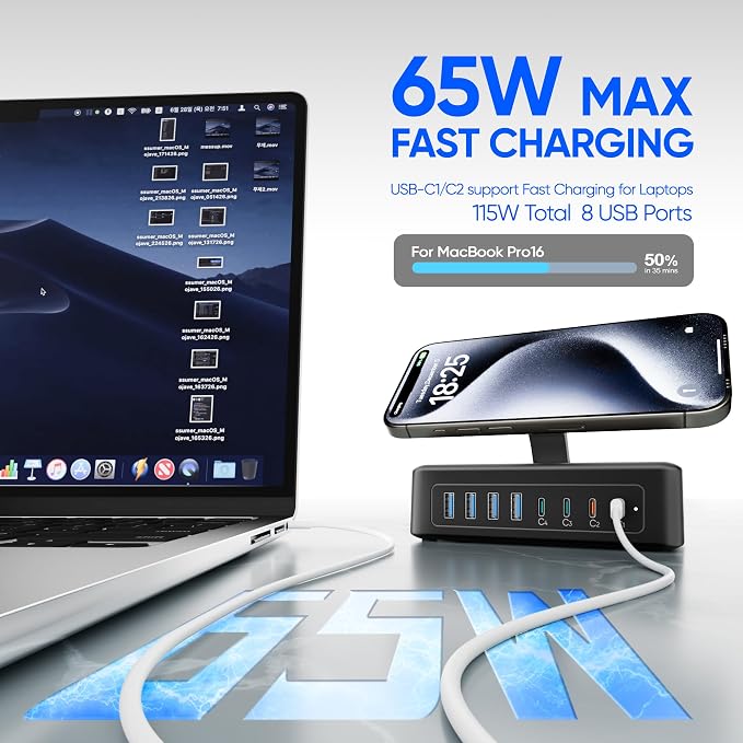 115W USB Charging Station Power Strip, 11-in-1 USB C Charger Block, 2AC Outlets - Image 3