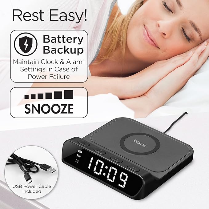 iHome Wireless Charger with Alarm Clock, Compact Digital Alarm Clock - Image 4