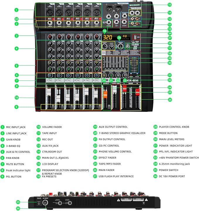 Audio Mixer 6 Channel Professional Mixer Console - Image 8