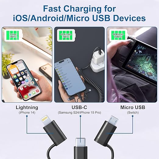 USB to USB-C Lightning Micro-USB Cable Combo 3 in 1 Coiled Cable Support - Image 2