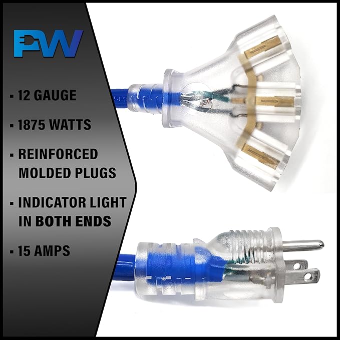 15 ft - 12 Gauge Heavy Duty Extension Cord - Lighted on Both Ends - SJTW Blue - - Image 2
