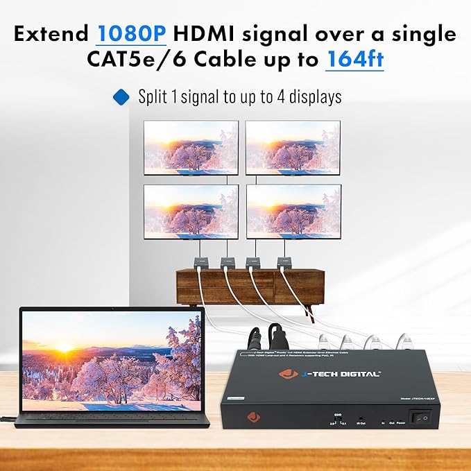 J-Tech Digital HDMI Extender Splitter 1x4 Over Single Cat5e/6 Ethernet Cable Up - Image 3