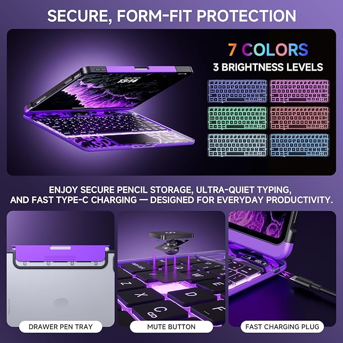 Transparent Case with Keyboard for 2024 iPad Pro 11-inch, with 7-Color Backlit - Image 7
