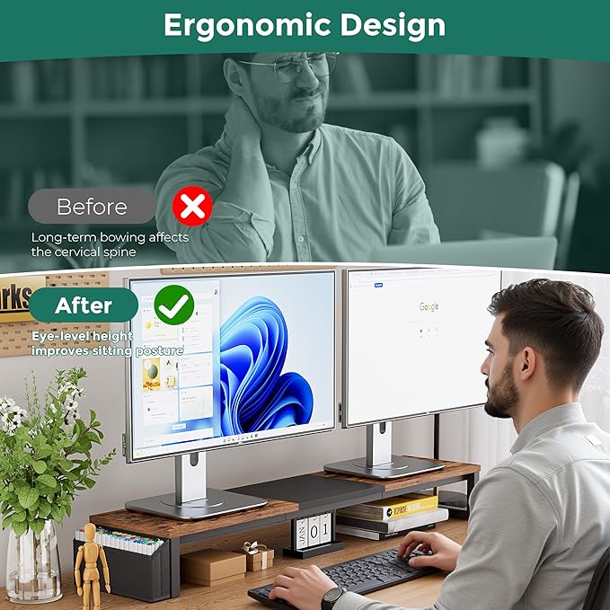 Dual Monitor Stand Riser, 41.5'' Extra Long Wood Monitor Stand Desktop Organizer - Image 5