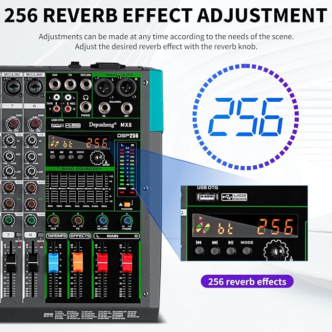 Depusheng MX8 8 Channel Sound Mixer Audio Mixing Console 48V 256DSP - Image 3