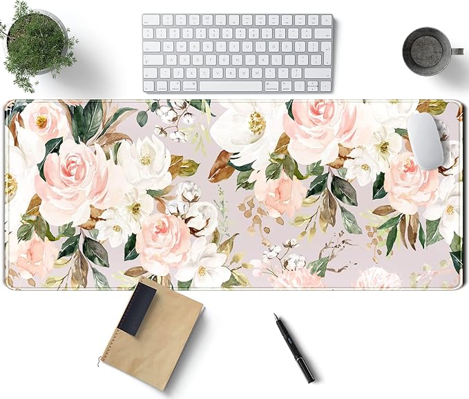 Pink Flowers Keyboard Pad PC Gaming Desk Mat Desk Mouse Pads Green Leaves by TENG+DA+QING