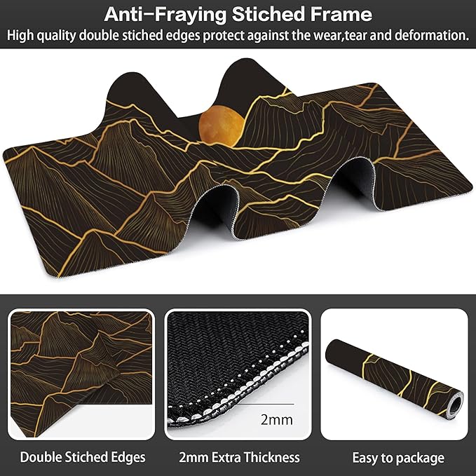 Golden Mountain and Moon Desk Mat, Large Luxury Gold Line Art Gaming Keyboard - Image 3