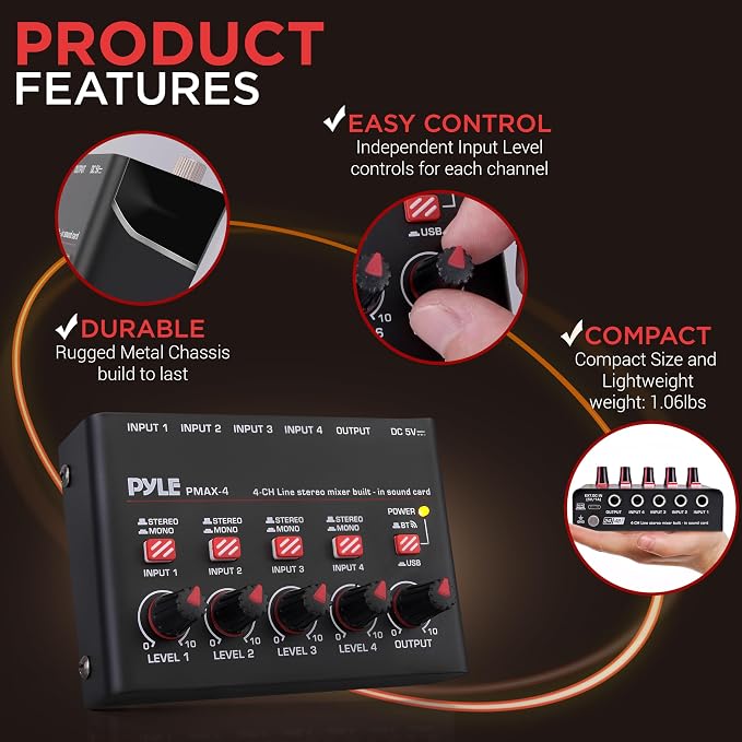 Pyle 4-Channel Wireless Bluetooth 5.0 Line Mixer - Image 7