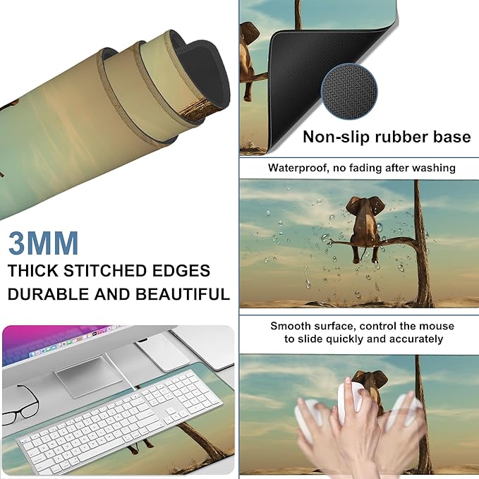 A Elephant Gaming Mouse Pad 3mm Thick Stitched Edge Waterproof Non-Slip Large - Image 2