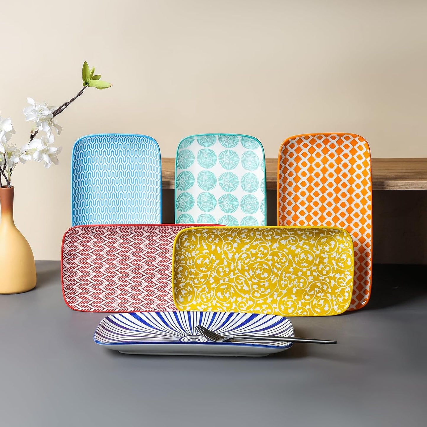Selamica Ceramic Serving Platters, 12 Inch Serving Trays for Party Entertaining, Large Rectangular Serving Plates, Set of 6, Assorted Colors