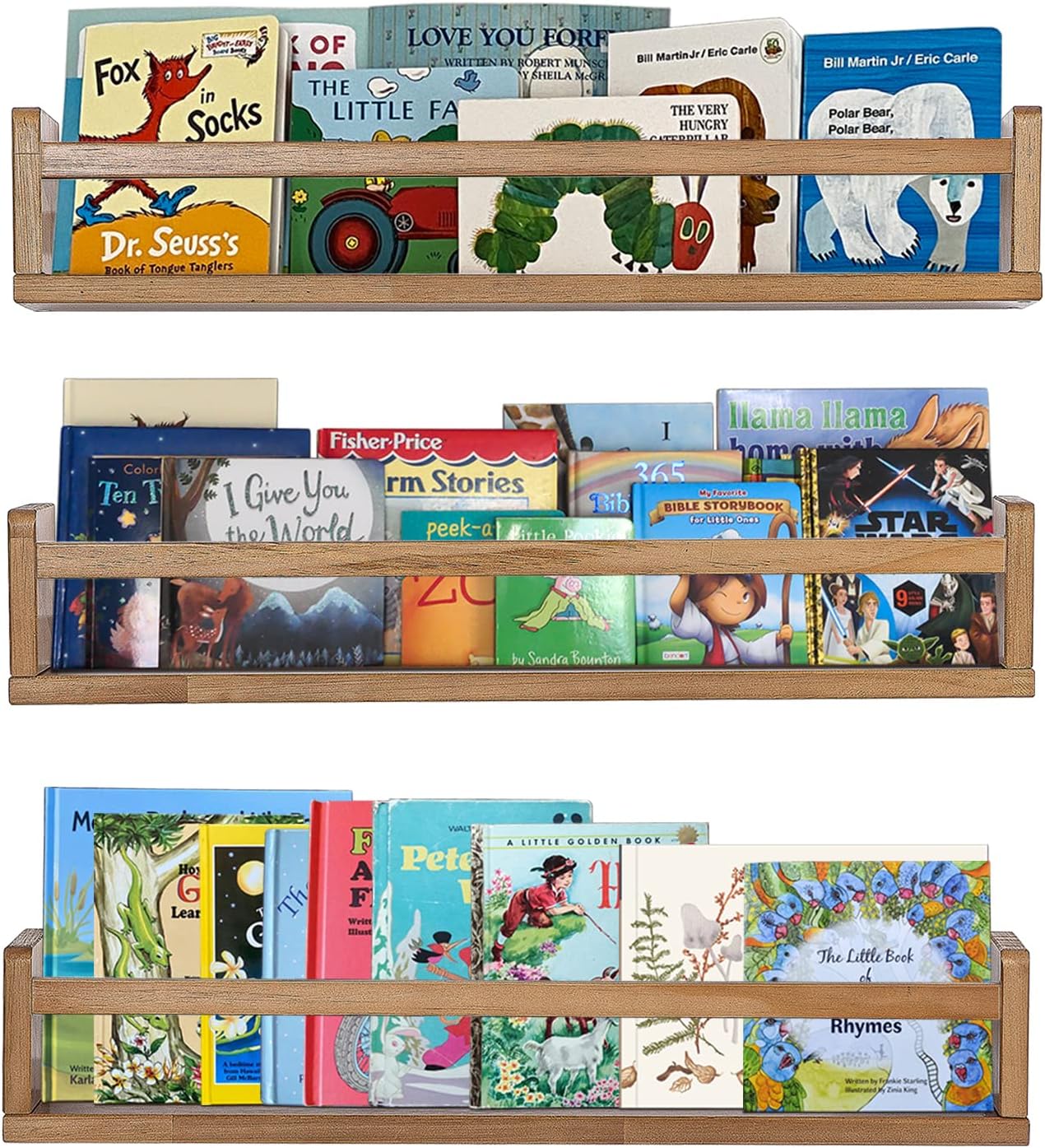 AZSKY Nursery Shelves Light Walnut Floating Book Shelf Organizer for Baby Nursery Décor Wall Book Shelves for Kids Room 24 Inch Wood Wall Ledge Shelves for Bathroom Kitchen Spice Rack a Set of 3