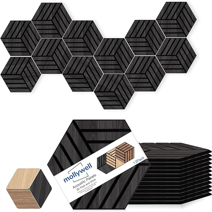 Mollywell Hexagon Acoustic Panels, 12 Pack |Wood Veneer|High Density Sound by Mollywell