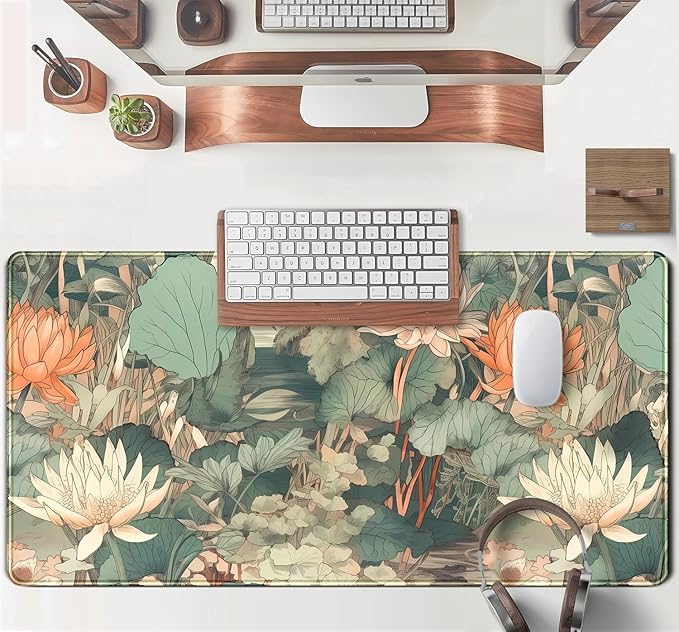 Light Emerald and Orange Floral Desk Mat, XXL Large Extended Mouse Pad Gaming - Image 4