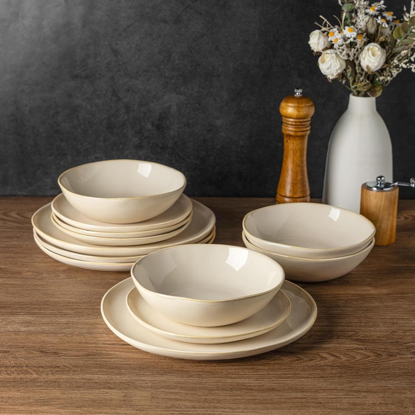 AmorArc Ceramic Dinnerware Sets,Handmade Reactive Glaze Stoneware Plates and Bowls Sets,Highly Scratch Resistant | Dishwasher & Microwave Safe Dishes Set,Service for 4 (12pc)