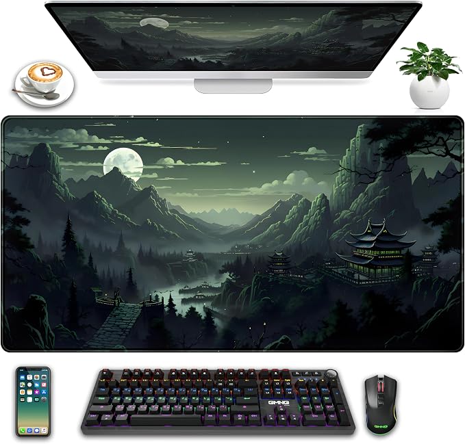 XXL Large Gaming Mouse Pad Anime Green Moon Mountains Desk Mat, Desk Decor by LuckyCow