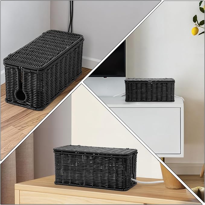 2Pack Large Cable Management Box Black, Handwoven Imitation Rattan Cord - Image 2