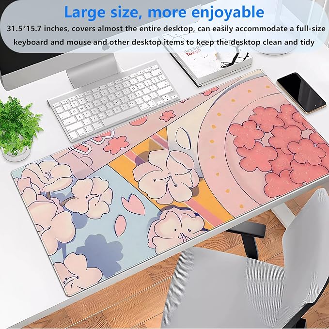 Pink Floral Mouse Pad XXL Cute Anime Gaming Desk Mat 31.5"x15.7", Thickened - Image 2