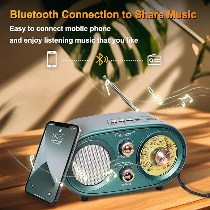 Oncheer Portable Retro Vintage Bluetooth Speaker Radio, FM/AM/SW 3 Band - Image 4