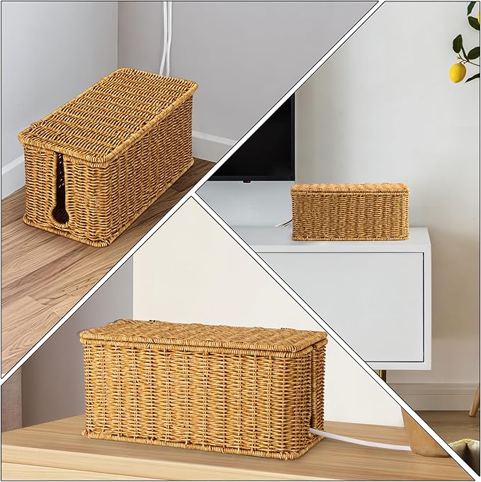Large Cable Management Box, Handwoven Imitation Rattan Cord Organizer Cord - Image 5