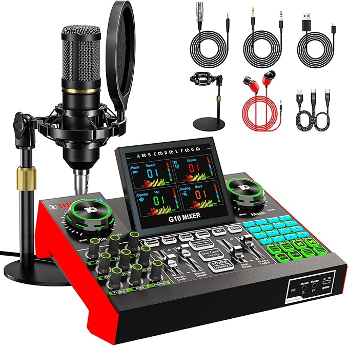 Podcast Microphone Bundle with Live Sound Card Audio Mixer, Podcast Equipment by tenlamp