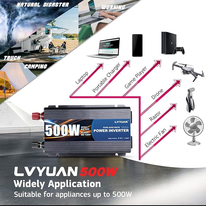 LVYUAN 500 Watt Pure Sine Wave Power Inverter 12V to 110V/120V DC to AC - Image 6