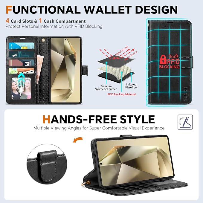 TUCCH Wallet Case for Galaxy S25 Ultra, Removable RFID Blocking Wrist Strap - Image 5