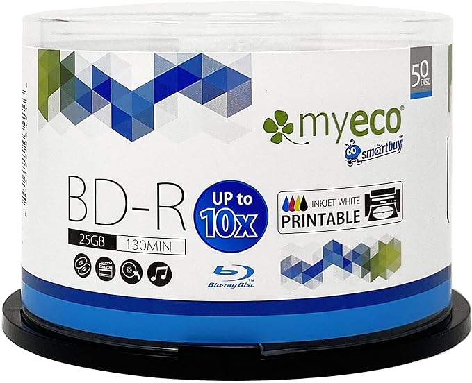 50 Pack Myeco Bd-r BDR Blu-ray 25gb Upto 10x White Inkjet Hub Printable Blank by Smartbuy