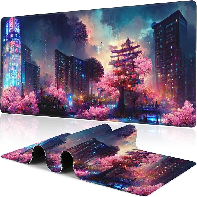 Japanese Fantasy Night City Desk Mat, Large Beautiful Night Scene Gaming by NIYLYNSYN