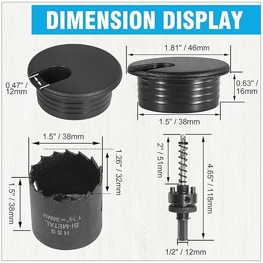 1-1/2" Black Desk Grommet with Bi-Metal Hole Saw, JTemgle Plastic Cable Hole - Image 2