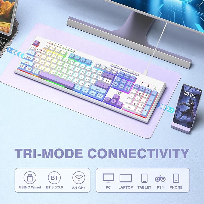 RisoPhy Wireless Gaming Keyboard, Tri-Mode BT5.0/2.4GHz/USB-C, RGB Light up - Image 2