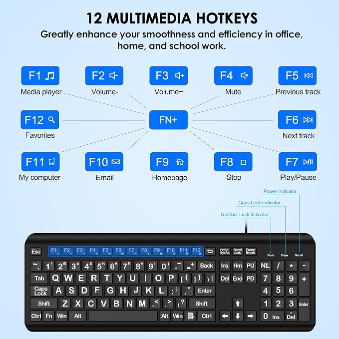 Large Print Computer Keyboard, Wired USB Full Size Quiet Keyboard - Image 6