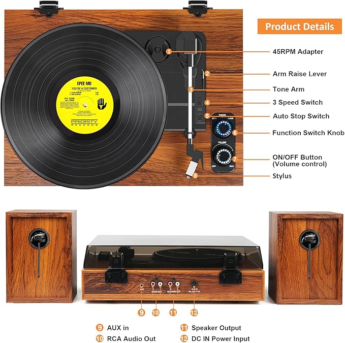 Vinyl Record Player with External Speakers, 3 Speed Bluetooth Turntable - Image 6