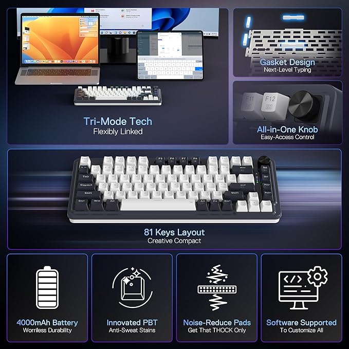 Redragon K673 PRO 75% Wireless Gasket RGB Gaming Keyboard, 3-Modes 81 Keys - Image 2