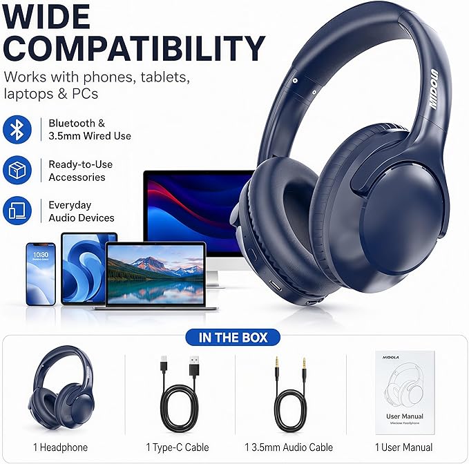MIDOLA Bluetooth Headphones Over Ear 68H Playtime 6 EQ Wireless Headset - Image 5