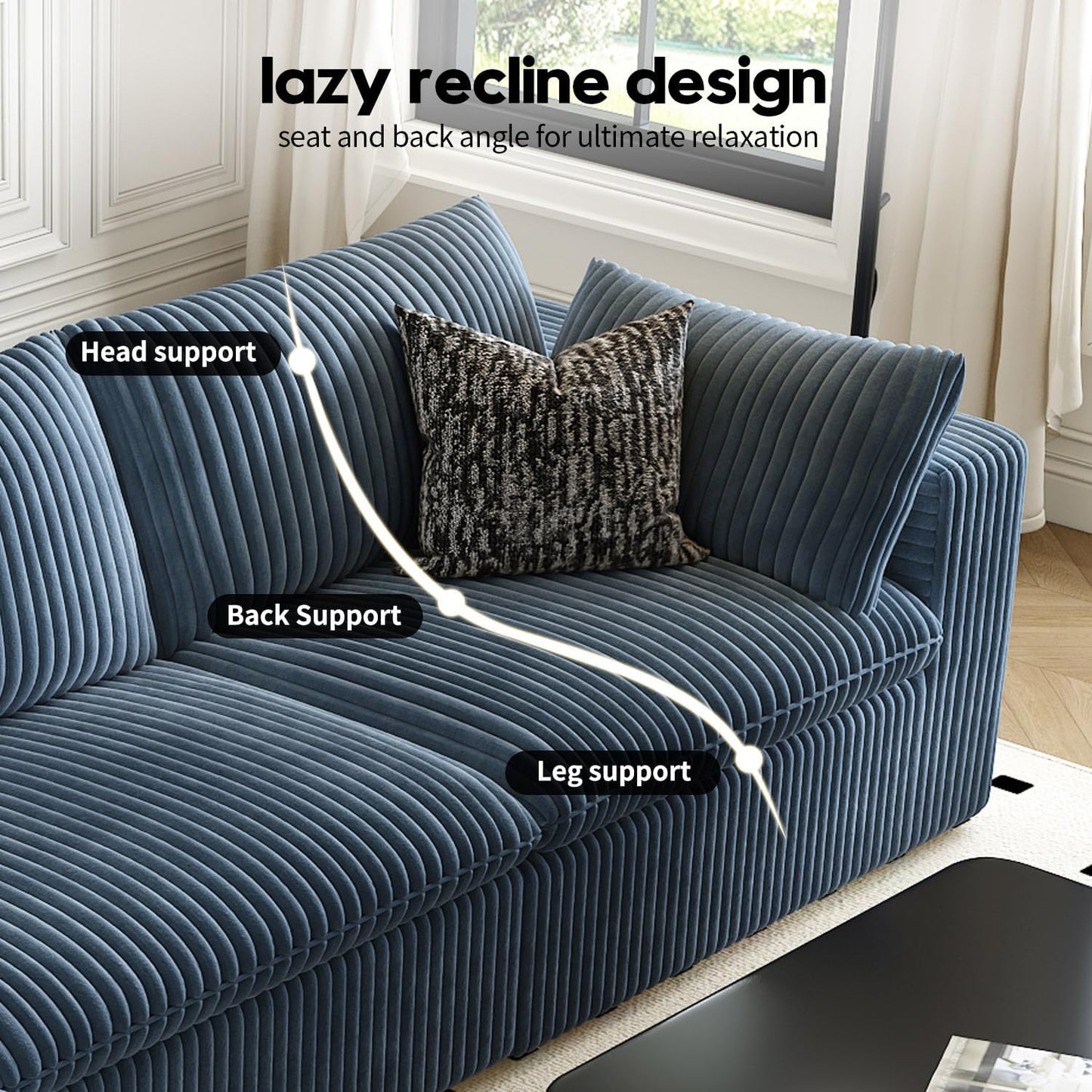 157.5" Cloud Couch Modular Sectional Sofa for Living Room,Modern Sofa with Deep Seat，4 Seater Boneless Couch,Comfy Upholstered Corduroy Couches for Apartment, Studio, Office,Bedroom，Blue