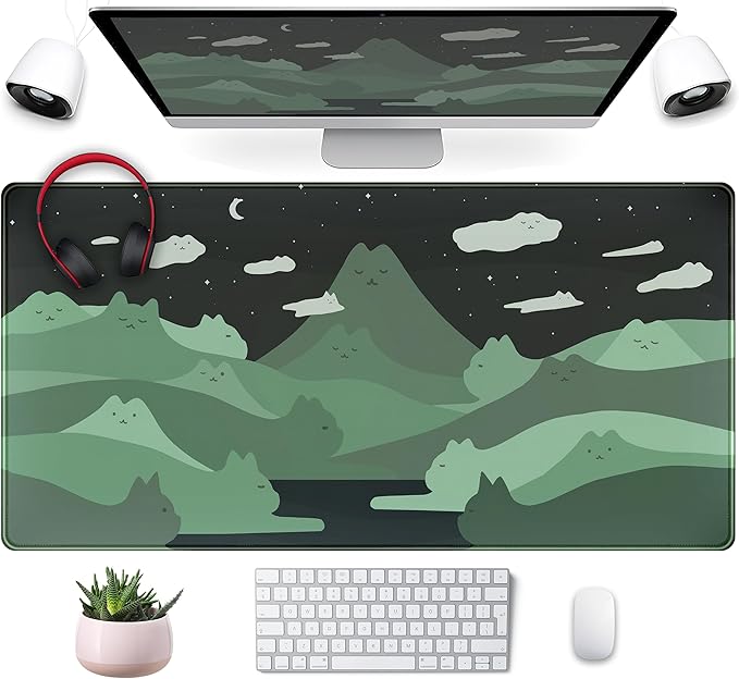 Anime Green Cats Mouse Pad Desk Pad Kawaii Cartoon Cat Desk Mat Cute, XXL Large by Mechanical+Cattle