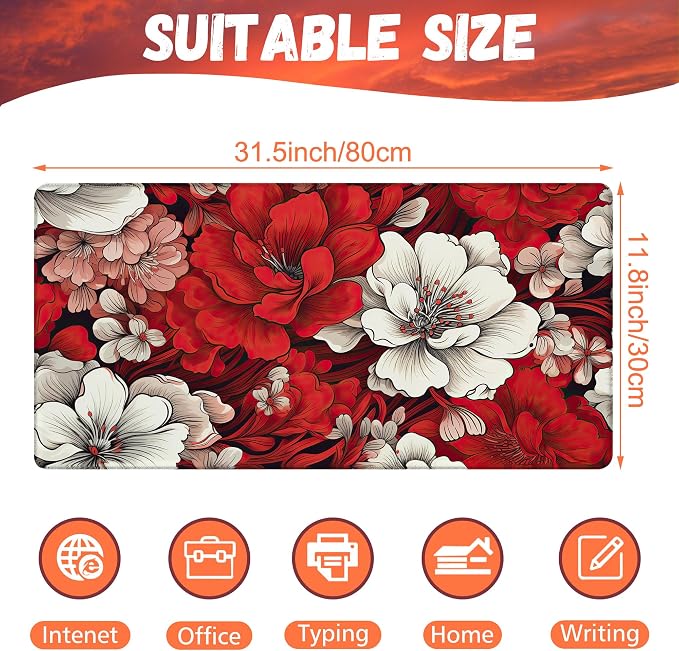 Desk Pad, Retro Red Floral Large Gaming Mouse Pad, 31.5"x15.7" Extended Big - Image 2