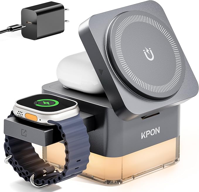 KPON for iPhone Nightstand Charging Station, 15W 3 in 1 Wireless Phone Charger by KPON