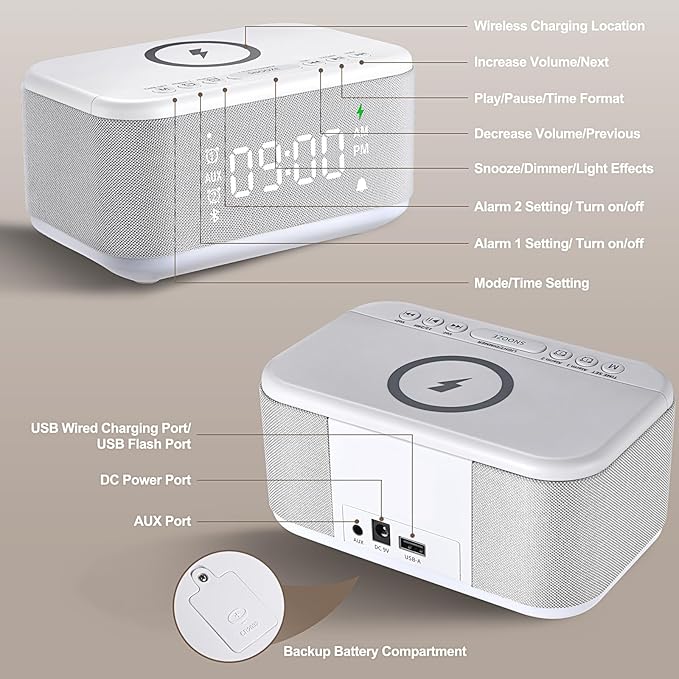 Alarm Clock Speaker Wireless Charger, Digital Alarm Clocks Bedrooms Bluetooth - Image 8
