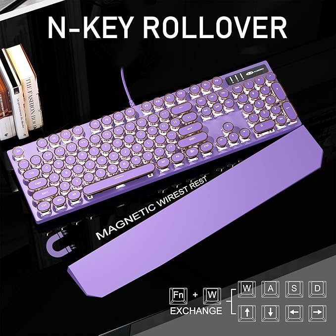 MageGee Typewriter Mechanical Gaming Keyboard, Retro Punk Purple Round Keycaps - Image 3