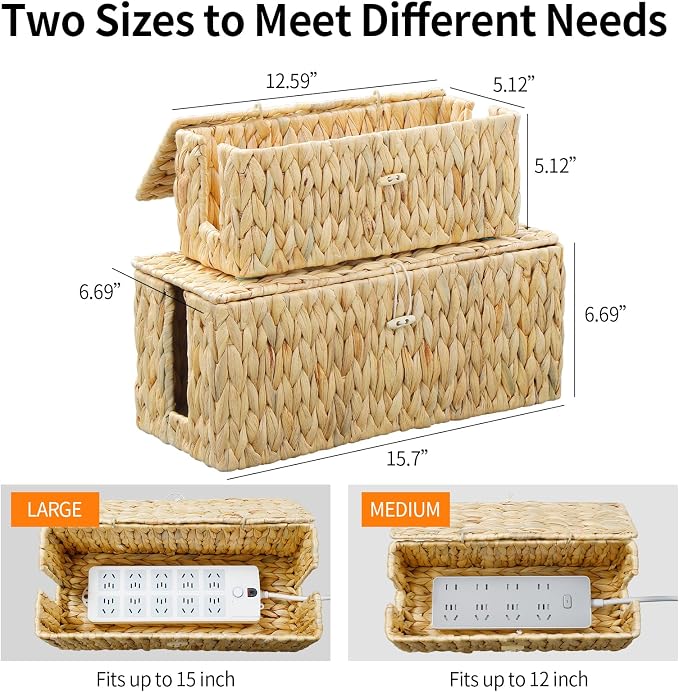 Cable Management Box, Hand-Woven Water Hyacinth Decorative Cord Organizer - Image 4