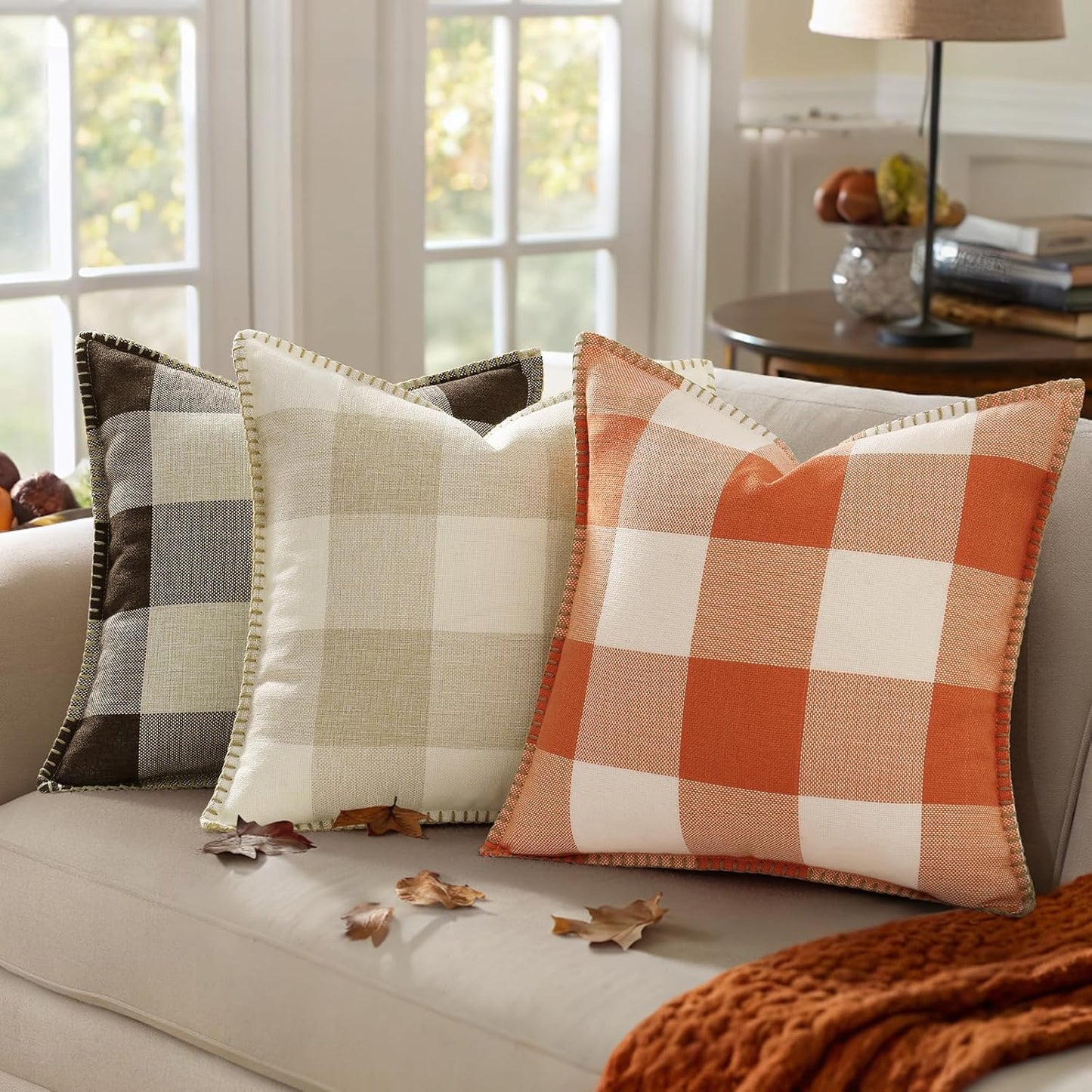 decorUhome Buffalo Plaid Check Fall Throw Pillow Covers 22x22 Set of 2, Outdoor Decorative Farmhouse Pillow Covers with Stitched Edge for Bed Couch Sofa, Cream White and Beige