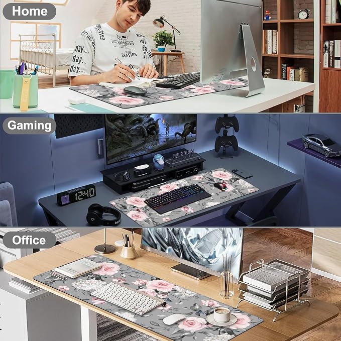 Pink Roses Desk Mat, Large Spring Blooming Flowers and Leaves Gaming Keyboard - Image 7