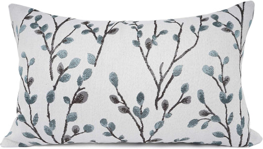 YOUR SMILE Classical Embroidery Jacquard Farmhouse Oblong Rectangle Chenille Teal Leaf Decorative Throw Pillow Case,12x20 inch