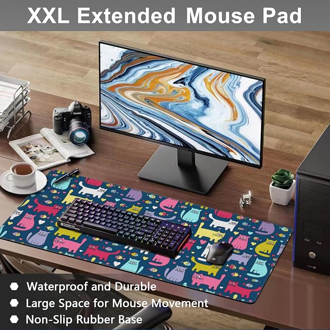 Mouse Pad, Large Cartoon Cats and Fish Desk Mat, Extended Non-Slip Gaming - Image 6