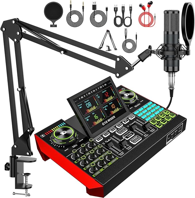 Podcast Microphone Bundle with Live Sound Board Audio Mixer, Podcast Equipment by tenlamp